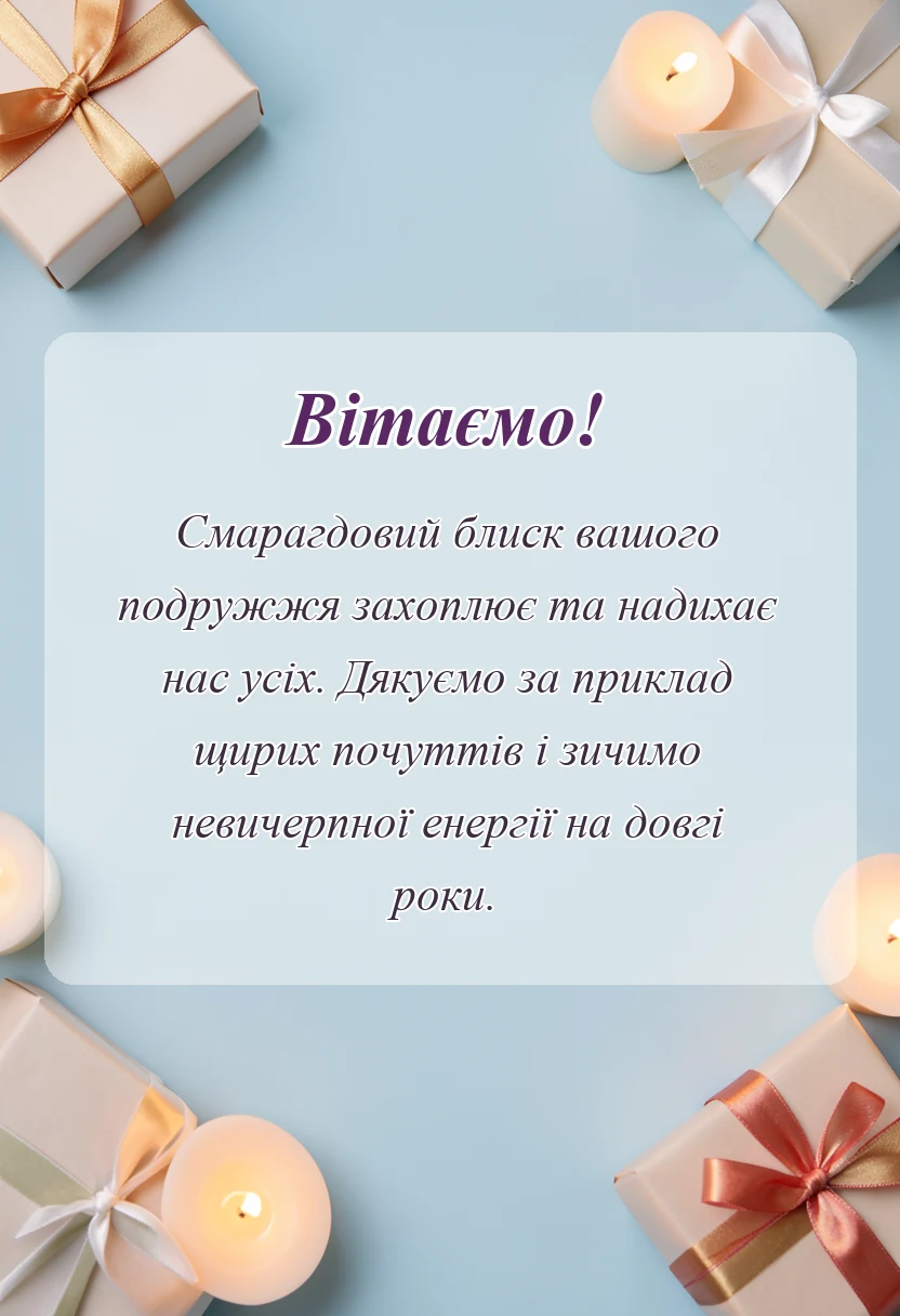 листівка з побажанням - привітання подарунки традиції смарагдове весілля 55 років