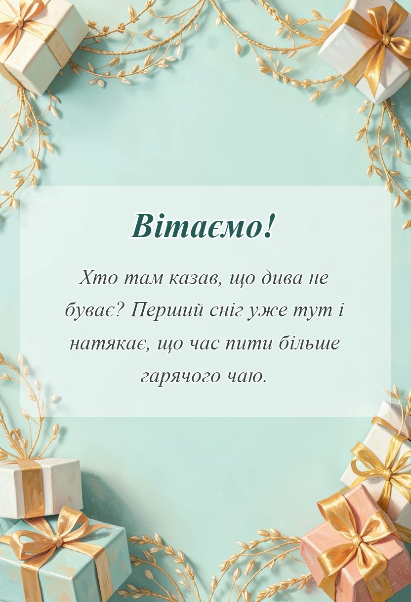 красива листівка: привітання з першим снігом гарного дня