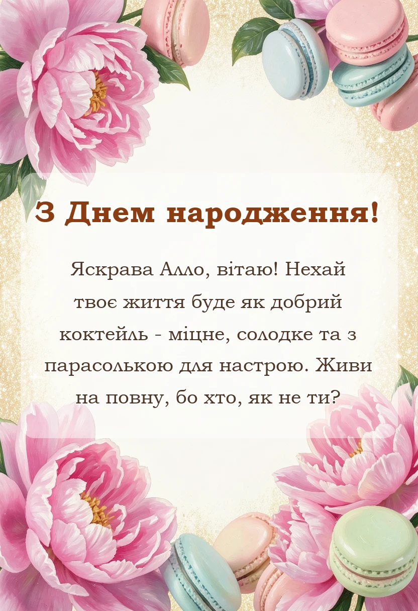 вітальна листівка - привітання з днем народження аллі