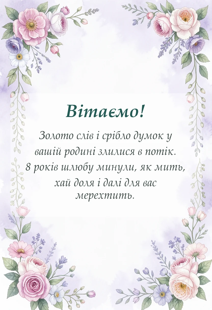 красива листівка: привітання з річницею весілля 8 років бляшане весілля