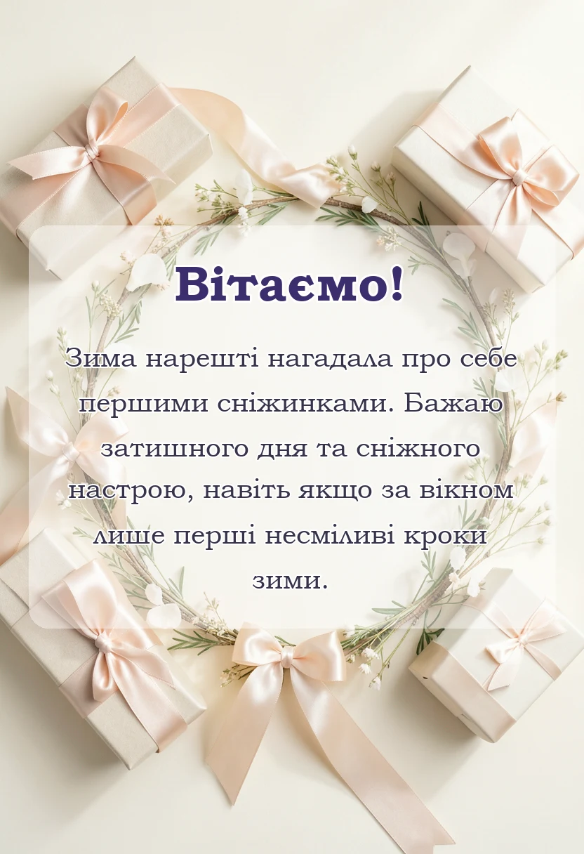 листівка з побажанням - привітання з першим снігом гарного дня