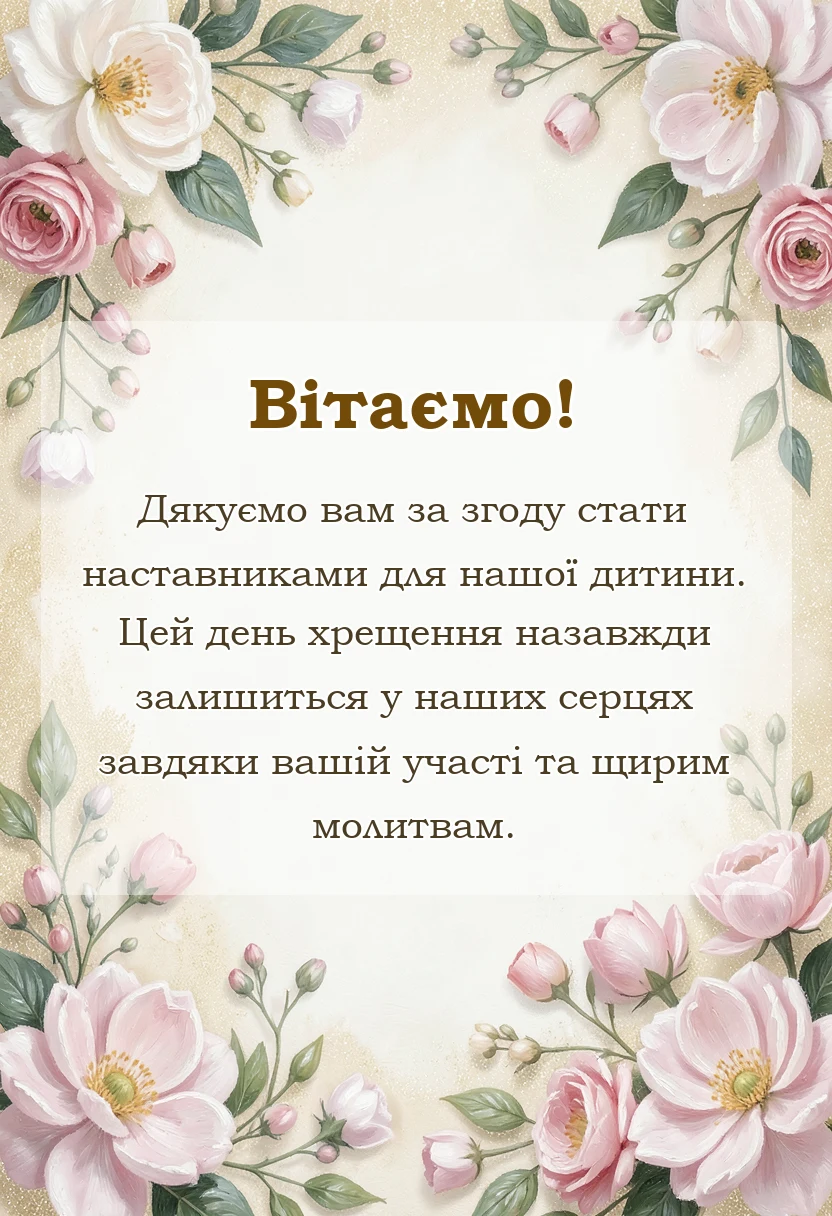 унікальна листівка - подяка кумам за хрещення дитини від батьків