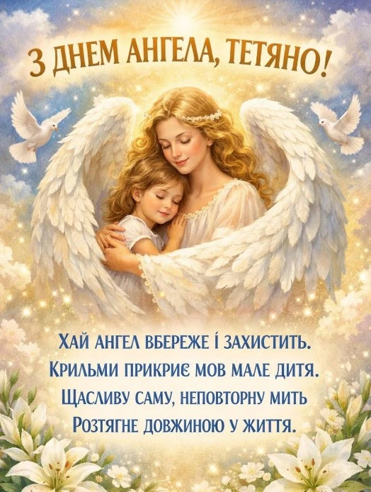 Ангел обіймає дитину на святкуванні дня ангела Тетяни.