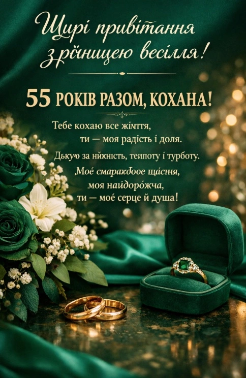 Картка до смарагдового весілля: квіти та кільця.
