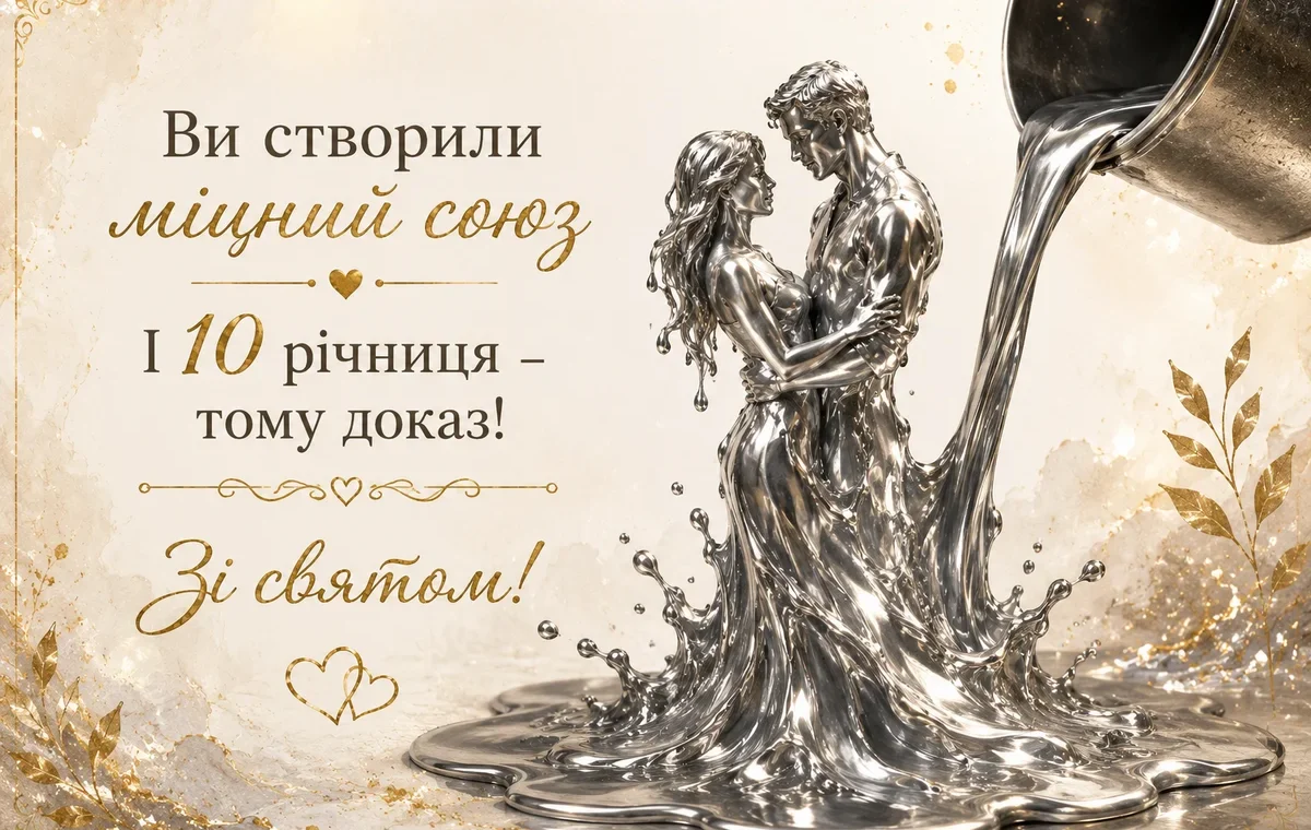 Сріблястий пар у формі розтопленого металу на фоні святкового тексту.