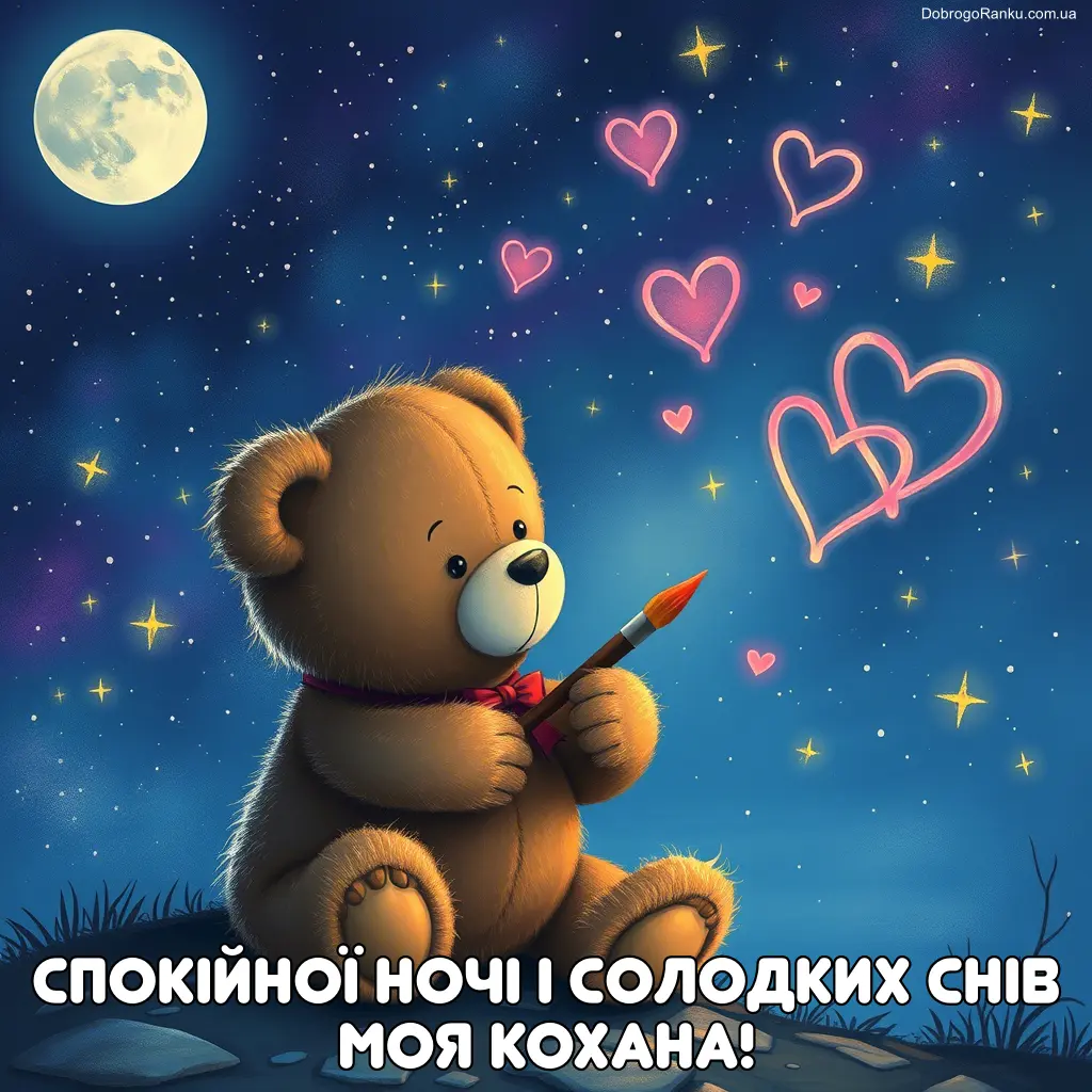 Мішка малює серця під місяцем. Добраніч!