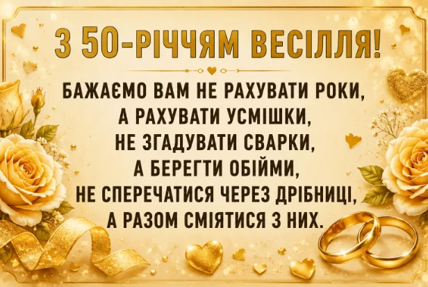 Золоте весілля: квіти, кільця та привітання українською.