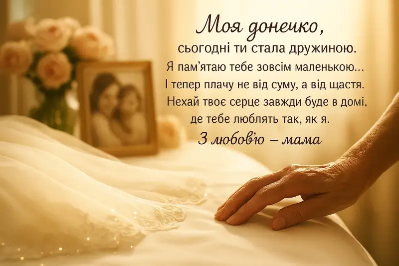 Мати торкається сукні доньки на весілля з фото.