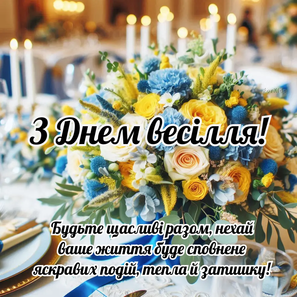 Квіти на весільному столі з привітанням