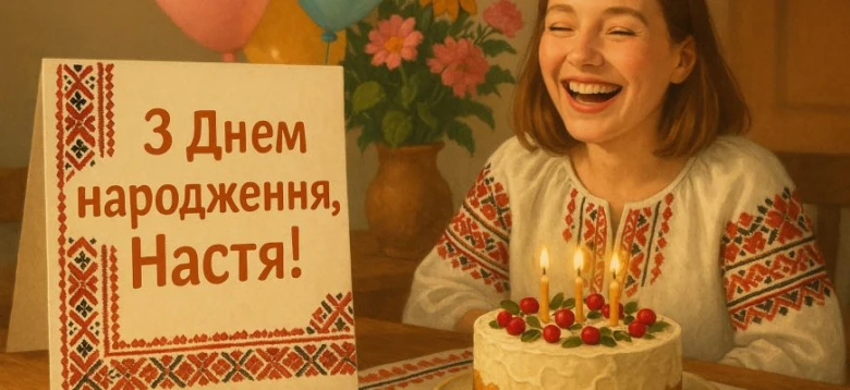 Чоловік у вишиванці з тортам та вітання для Насти.