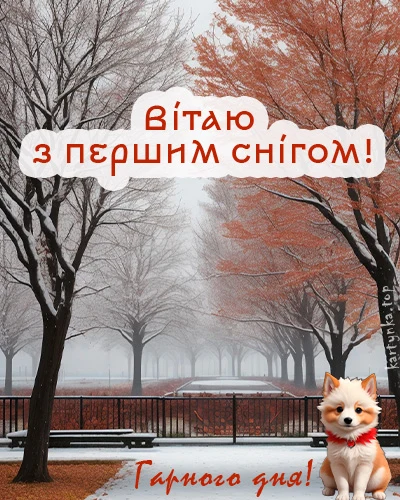 Перший сніг у парку з собакою та привітанням українською.