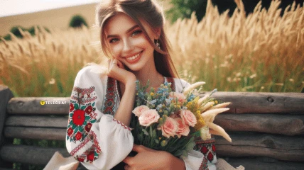 Дівчина в вишиванці тримає квіти на лаві.