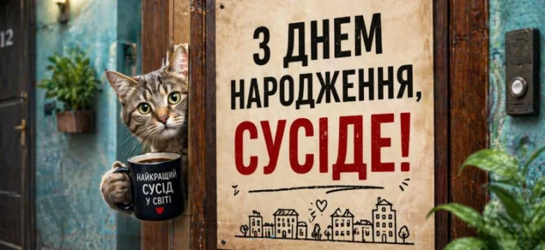 Кот тримає чашку з написом про найкращого сусіда