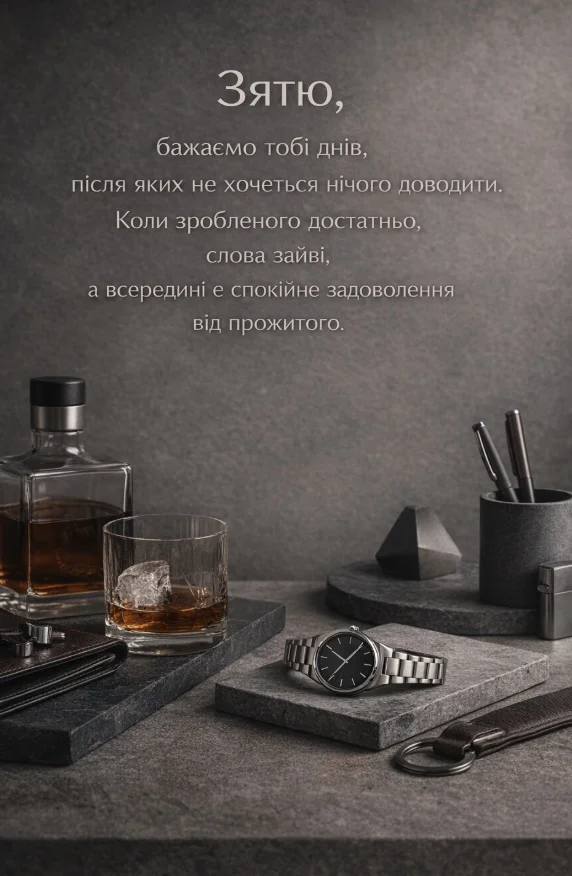 Елегантний стіл з віскі та годинником для привітання.