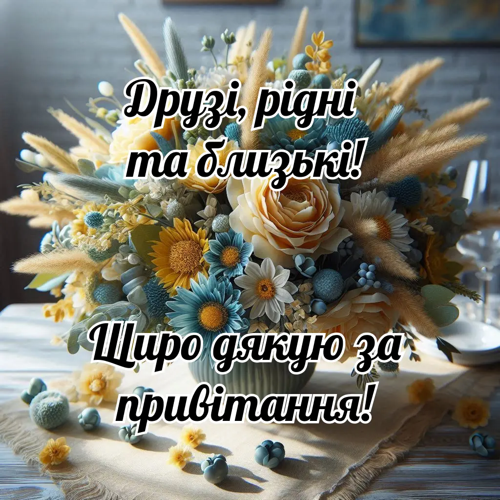 Квіти з написом подяки за привітання українською мовою.