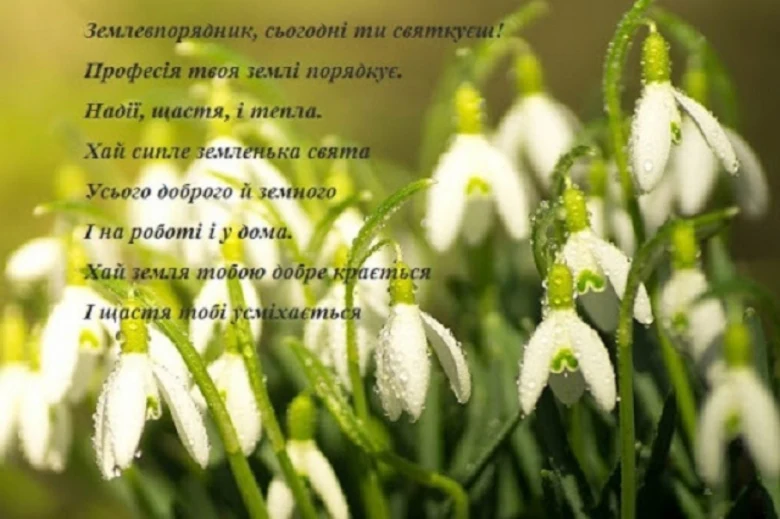Білі сніжинки та вірш на День землевпорядника українською.