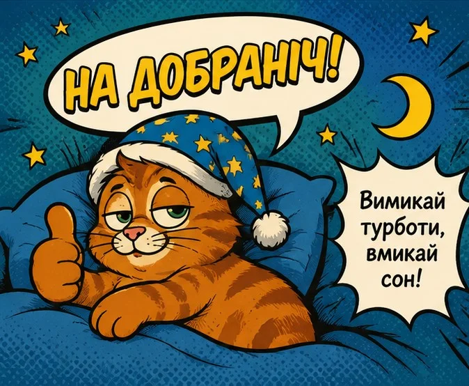 Кіт у шапці каже: на добраніч! Вимикай турботи, вмикай сон!