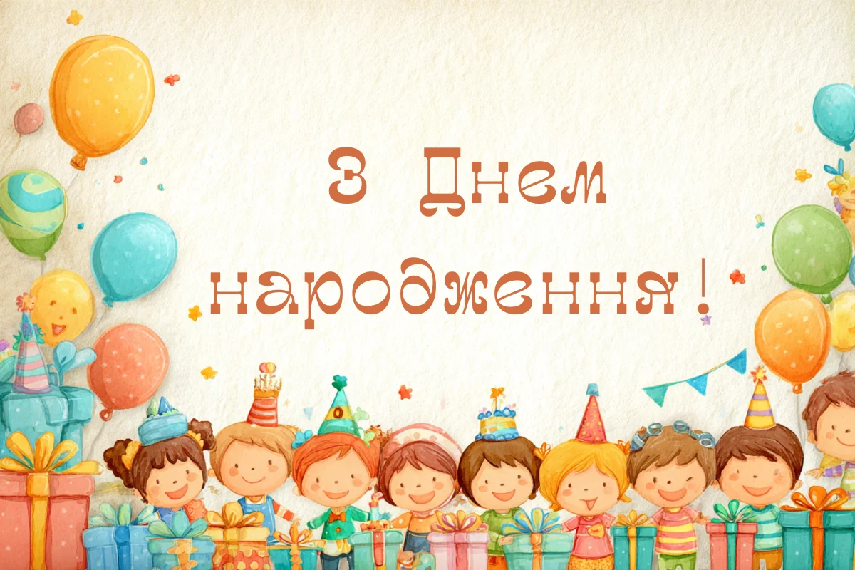 Весела ілюстрація дітей з привітанням на день народження.