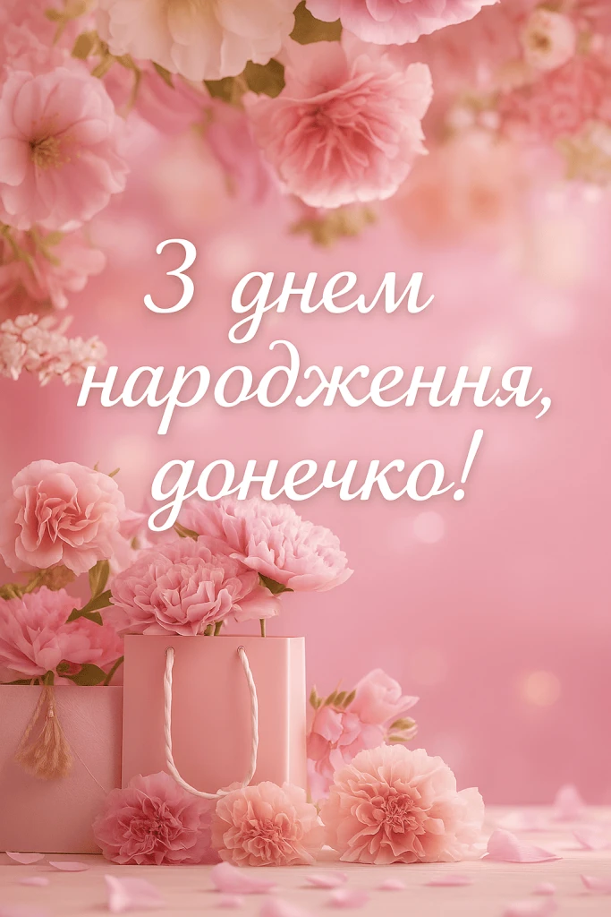 Розові квіти та подарунки з привітанням доньці на день народження