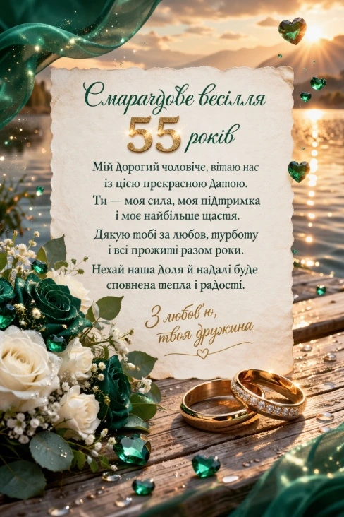 Картка до смарагдового весілля на 55 років з квітами та кільцями.