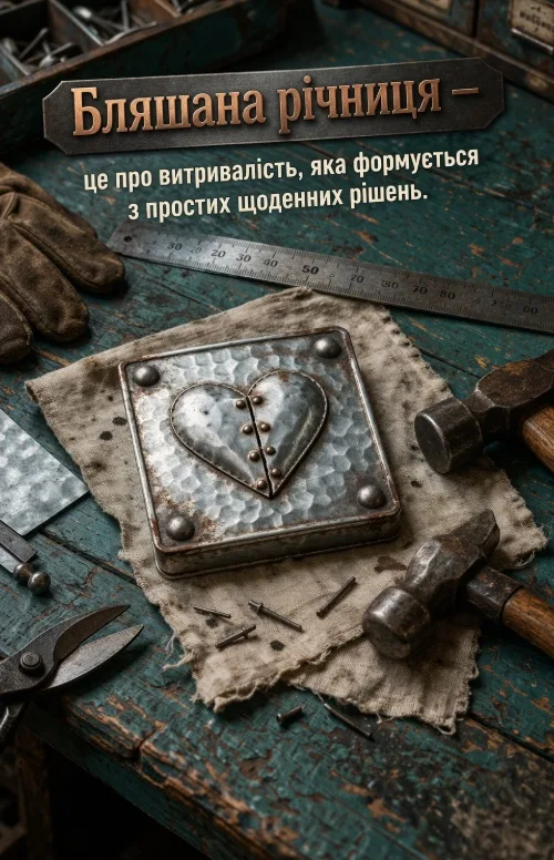 Металева серце-форма на столі з інструментами для річниці весілля.
